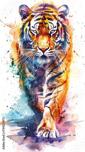 Detailed poster design of tiger headshot in vivid watercolor style photo