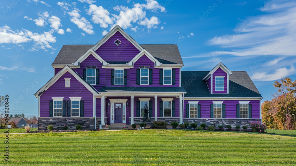 A majestic violet house adorned with siding and shutters stands proudly on a large lot in the suburban subdivision, commanding attention against the vibrant blue sky.