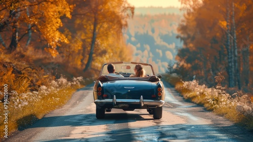 Young couple going on vacation trip using old classic cabriolet car on asphalt road during autumn warm light afternoon.