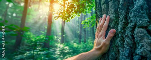 Closeup of hand of a man touching trunk of a big tree. Environmental protection concept.