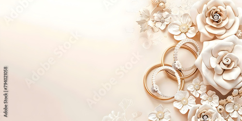Two golden wedding rings lie on a beige background next to a cream rose and a white ribbon 