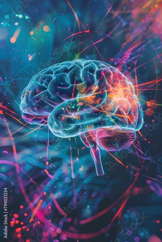 Neon-lit Neural Brain Structure with Abstract Connections