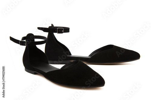Pair of fashionable suede leather shoes isolated on a white background. Sandals.