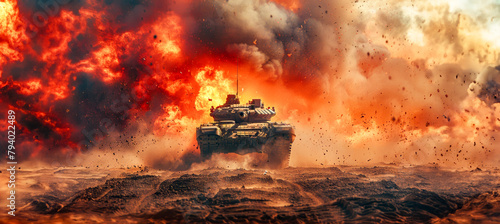 A tank is driving through a desert with a lot of smoke and fire