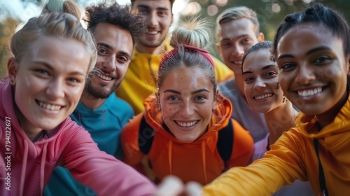 Happy smiling group of sporty young people standing in a circle with hands in stack after sport training in the city park. Workout in nature and healthy lifestyle concept.