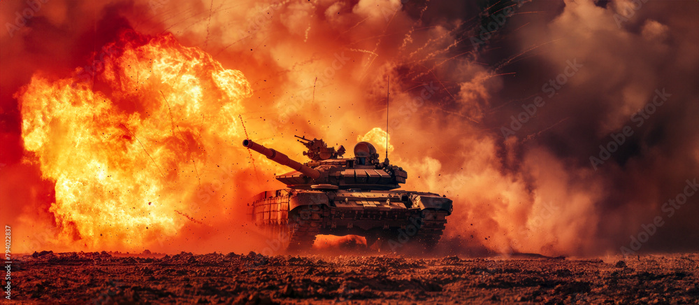 A tank is driving through a fiery battlefield