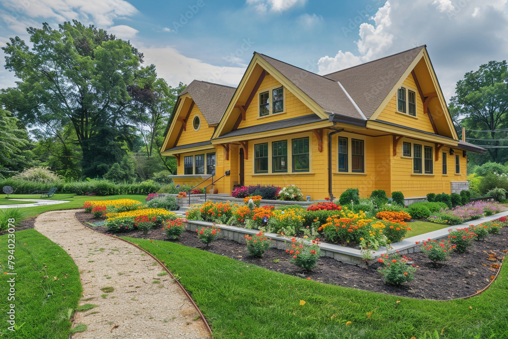 A radiant sunshine yellow craftsman cottage style home, with a triple pitched roof, adorned with vibrant flower beds and a neat, inviting path, capturing the essence of joyful living.