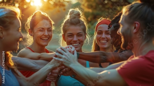In the morning after a workout in the city park, a cheerful and active group of people stands in a circle, smiling and holding their hands together in a stack. 