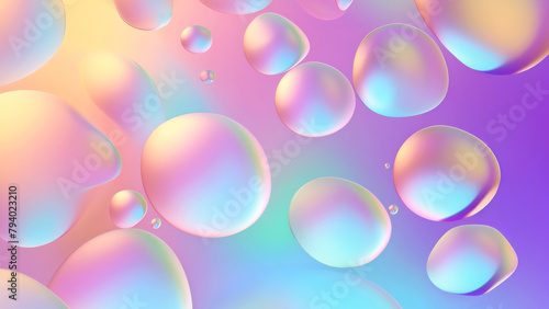 Holographic fluorescent shapes. Abstract background. Metallic liquid drops
