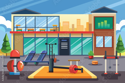 Modern Gym Building and Outdoor Fitness Park Illustration. Health Club Exterior with Workout Equipment for Sport and Wellbeing.