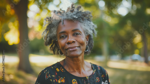 Portrait of a senior older black woman, natural looking smile to camera with out of focus park setting in background. photo