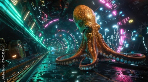Bioluminescent Underwater Tunnel A Giant Squid Commanding the HighTech CyberSea photo
