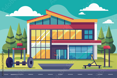 Modern House Vector Illustration with Garage, Large Windows, and Garden Equipment