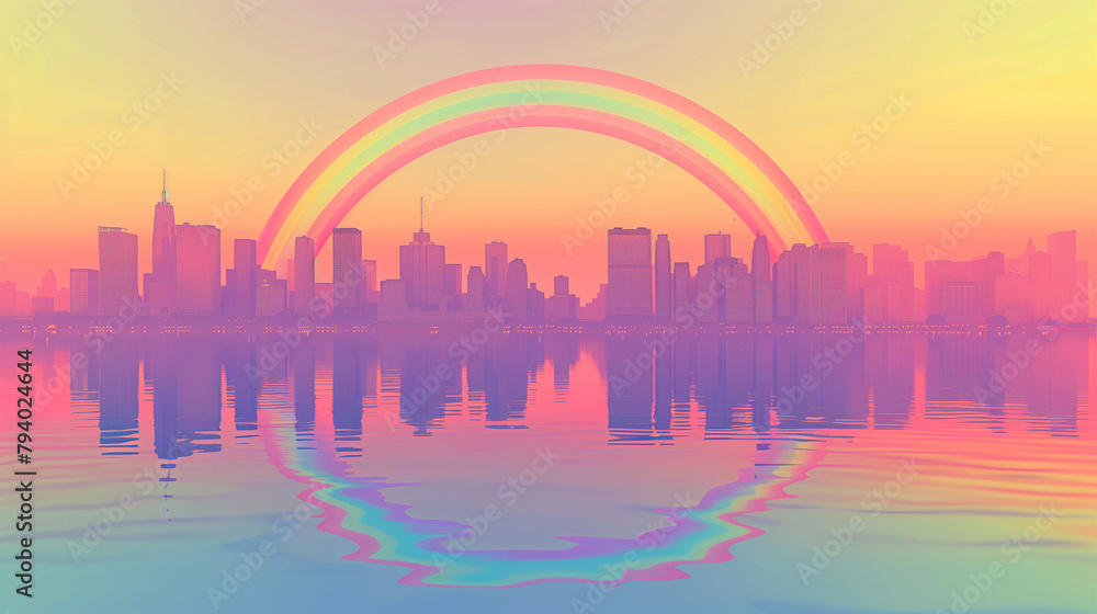 **A digital illustration of a simple rainbow arching over a minimalist cityscape, reflecting in a serene river that runs through the city. The sky is clear and the mood uplifting.