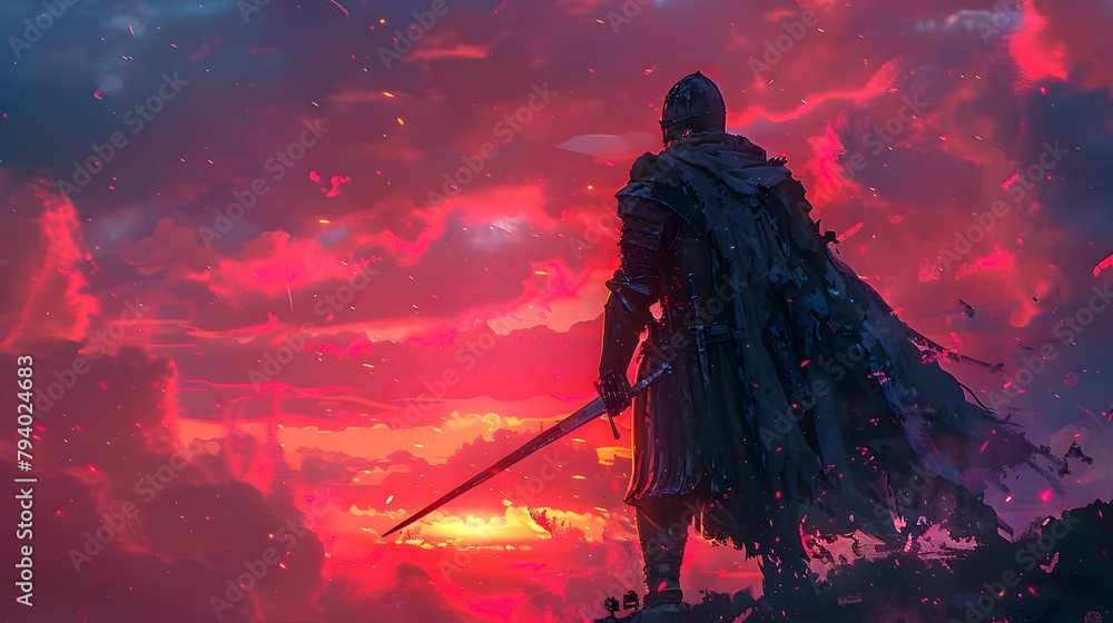 A digital painting portrays a medieval knight gazing over a battlefield, shrouded in a dramatic crimson and pink sunset, Digital art style, illustration painting.