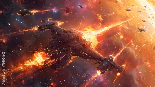Digital artwork showcasing a massive warship engaged in a fierce space conflict surrounded by explosions and smaller ships, Digital art style, illustration painting.