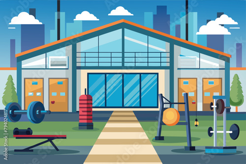 Modern gym building exterior with outdoor fitness equipment and city skyline illustration