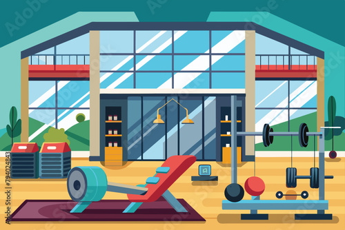 Modern Gym Interior with Fitness Equipment - Empty Workout Room Illustration