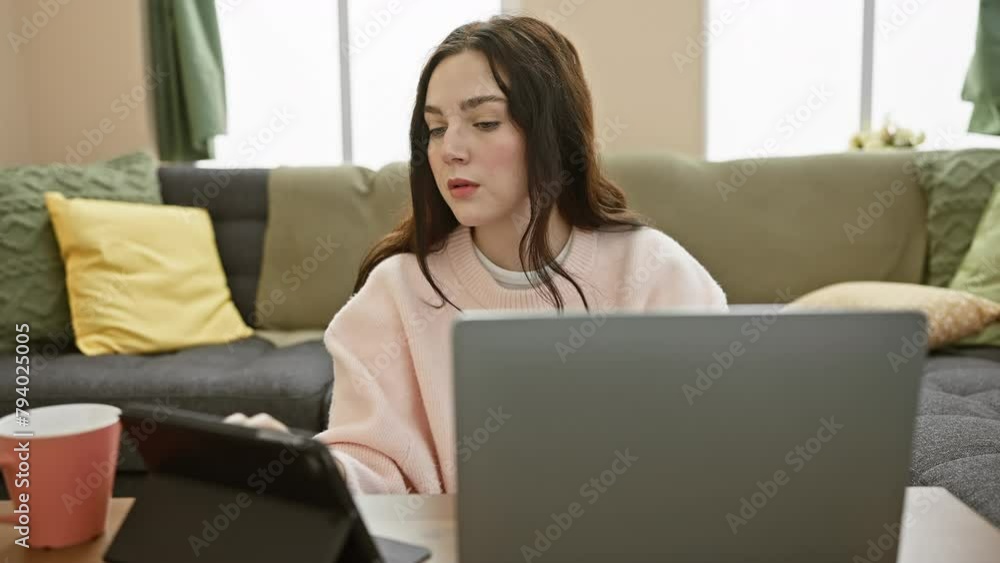 A focused young woman working from home on her laptop in a cozy living room with a cup and tablet. A focused young woman working from home on her laptop in a cozy living room with a cup and tablet.