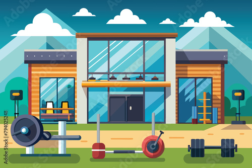 Modern Fitness Center Building with Outdoor Gym Equipment - Flat Vector Illustration