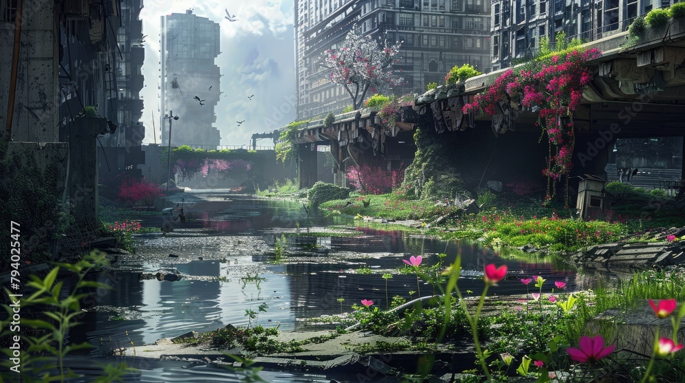 Obraz premium Destroyed city, A futuristic city has been destroyed, the background is spring, colorful flowers, a park, a breeze, a river, and a landscape,
