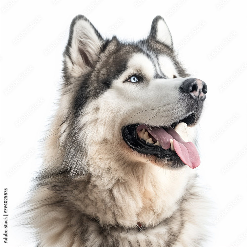 Happy alaskan malamute dog posing for a close-up portrait against a white background