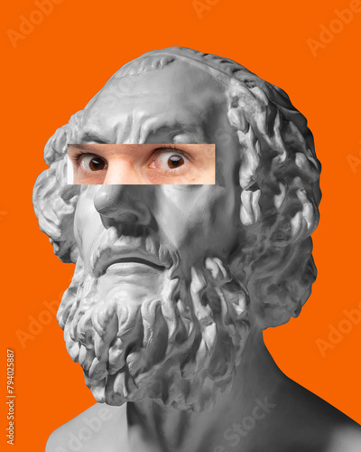 Antique statue bust with make eye photo element in orange background. Intense  serious  deep look. Modern design. Contemporary colorful art collage. Concept of creative vision  emotions.
