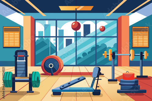 Empty Modern Gym Interior with Exercise Equipment and City View Illustration