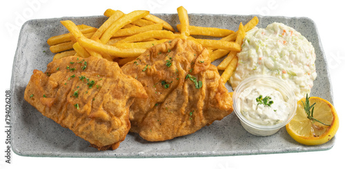 Fish and Chips served with fries, Cole slaw, lemon and tartar sauce