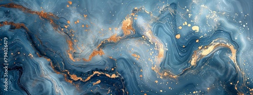Abstract blue marble texture with swirling golden patterns.