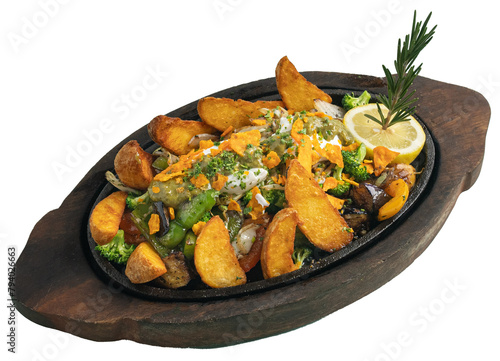 Vegetable sizzler with potato  cream cheese  parmesan cheese  basil  rosemary  sour cream and coriander