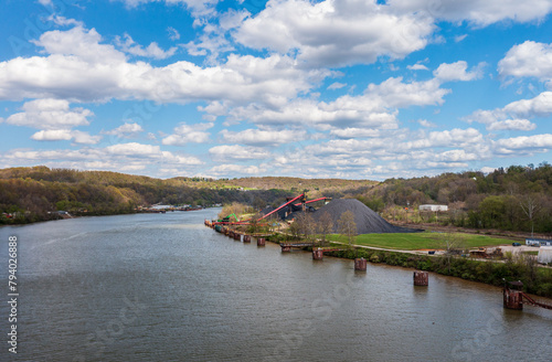 Coal stored by Monongahela river in Vestaburg Pennsylvania ready for transport by barge to local power stations