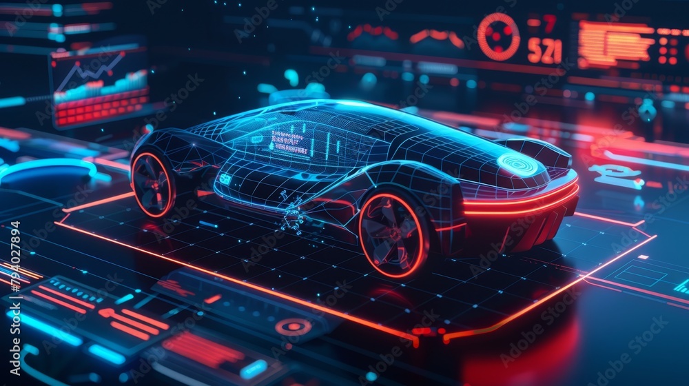 A lifelike image of an electric car appears on the table encircled by digital patterns and data charts, Generated by AI