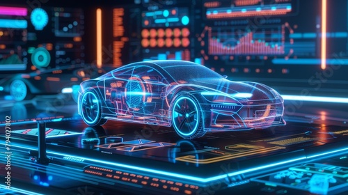 A virtual image of an electric vehicle appears on the table encircled by digital patterns and charts, Generated by AI