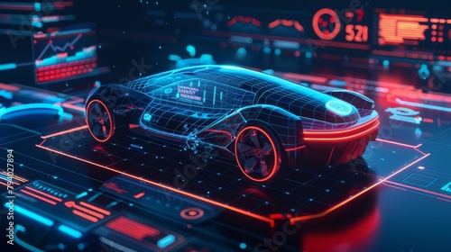 A lifelike image of an electric car appears on the table encircled by digital patterns and data charts, Generated by AI