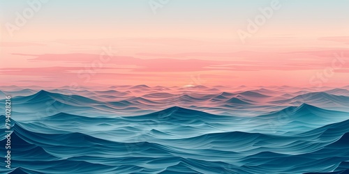 A stylized graphic of tranquil sea waves under a soft gradient sky.