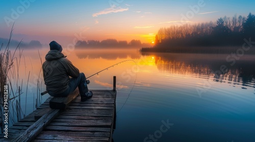 A Man Fishing at Sunset