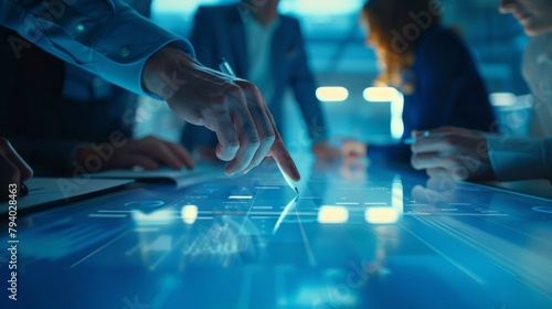 A team of professionals collaborating on a digital table using blueprints and tools, Generated by AI