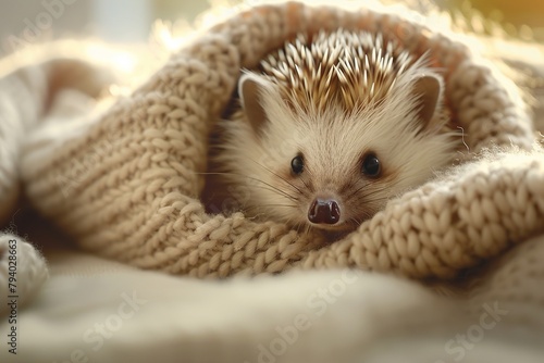 Hedgehog in a knit sweater, cozy and cute, on a soft blanket photo