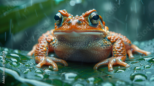 Cute toad sitting on wet leaf