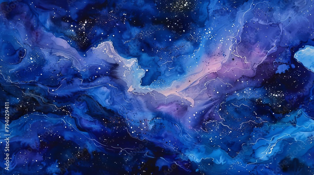 dreamy watercolor night sky swirling stars and nebulas in deep blues and purples expressive cosmic painting - obrazy, fototapety, plakaty 