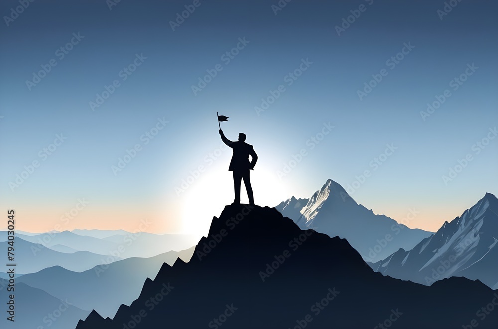 businessman at top of the mountain with holding flag and celebrating business success, achievement and business victory shadow illustration with copy space