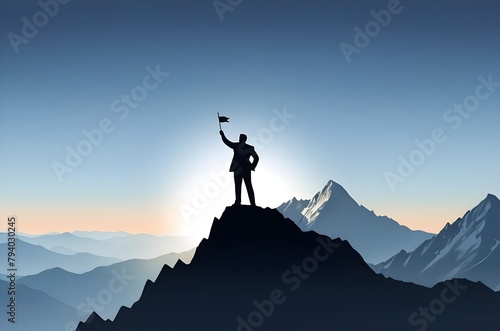 businessman at top of the mountain with holding flag and celebrating business success, achievement and business victory shadow illustration with copy space