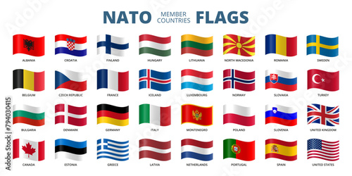 NATO member countries. Wave flags on transparent background.