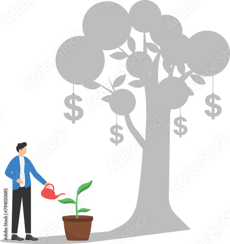 Businessman watering money tree with shadow growth tree, taking the long view, investment in money

