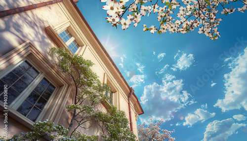 An angled view of a sun-drenched, ivory-colored house with a vibrant blue sky above and a flowering dogwood tree in the corner. photo