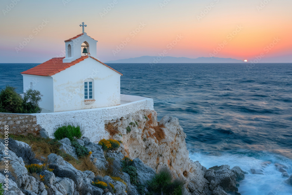Perched atop a rugged cliff overlooking the endless ocean, a quaint small church stands as a serene sanctuary. 