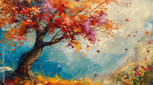 enchanting autumn tree with colorful flowers oil painting on canvas landscape art