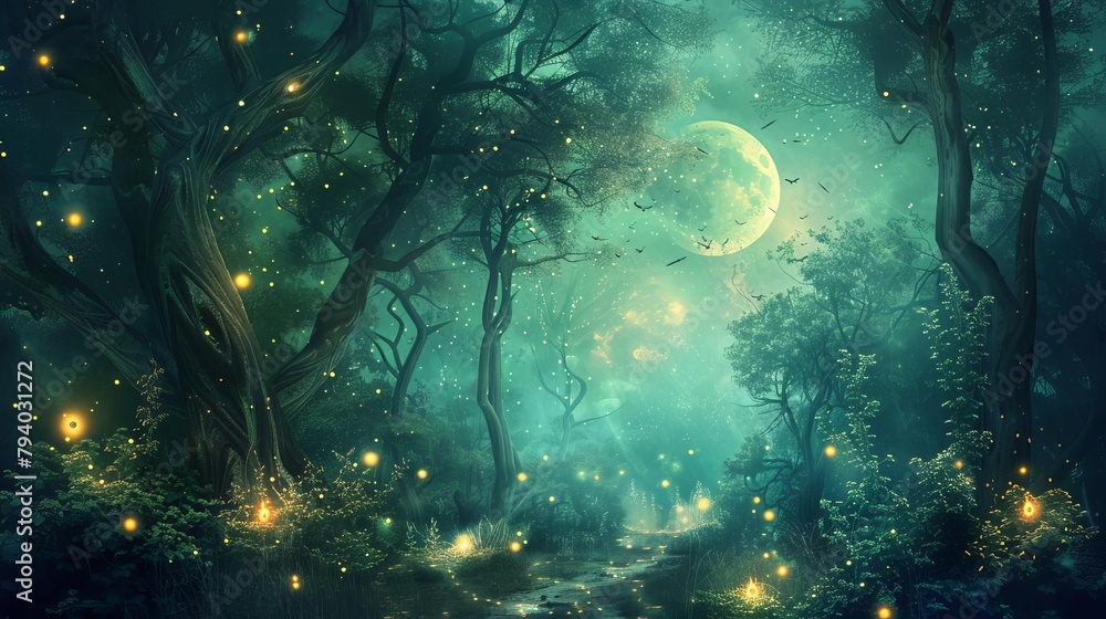 enchanting fantasy forest scene under the moonlight with mysterious glowing lights dancing among the trees digital painting