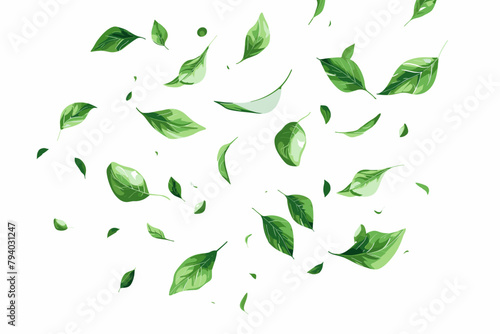 Green flying leaves wave. Organic cosmetic background. Natural herbal tea. Vegan, eco, bio design element. Leaf falling. Summer foliage ornament. Beauty product. Healthy food. Vector illustration
